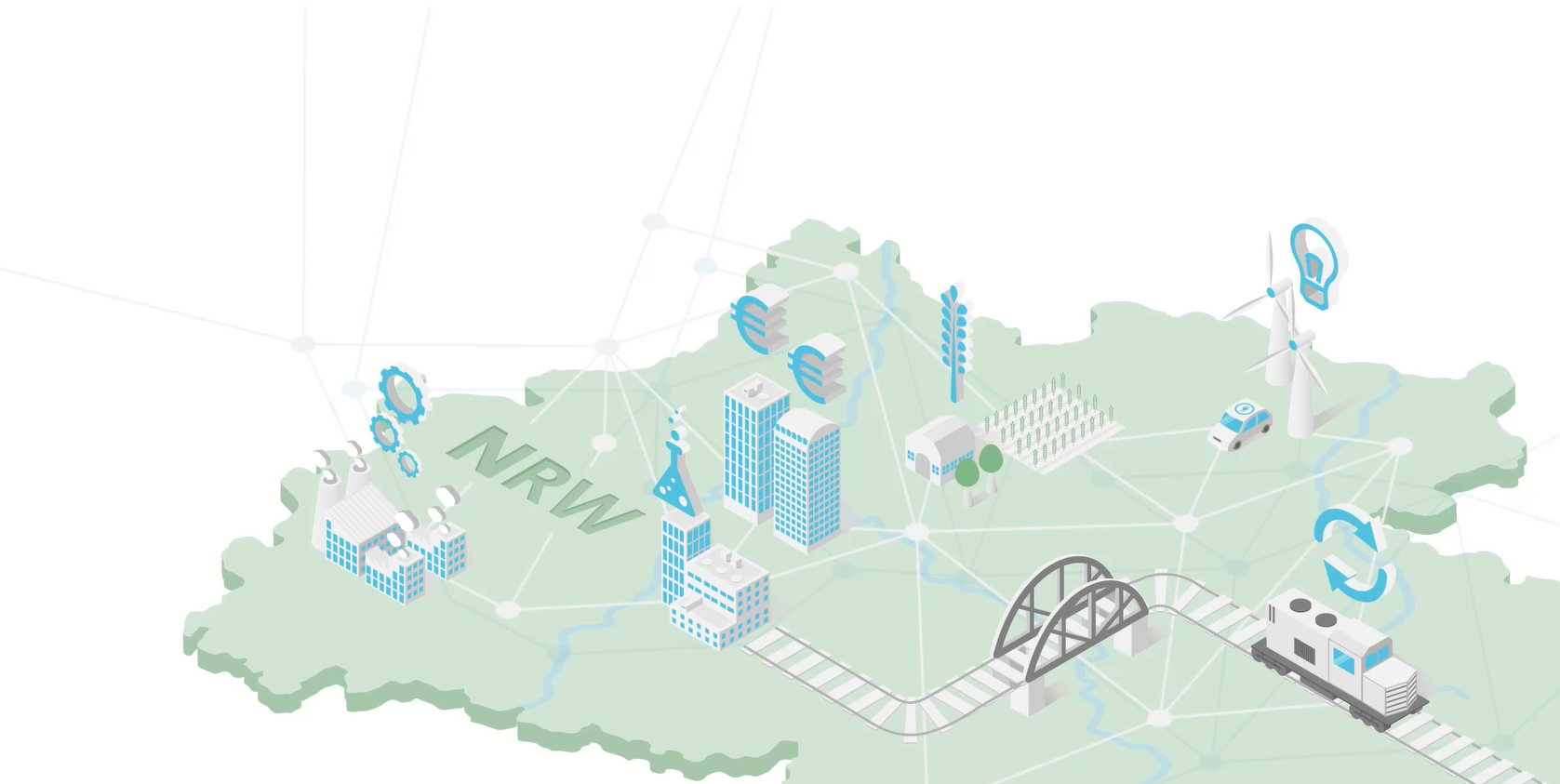 Illustration DatenMarktplatz NRW Landkarte Nordrhein-Westfalsen mit Industrie